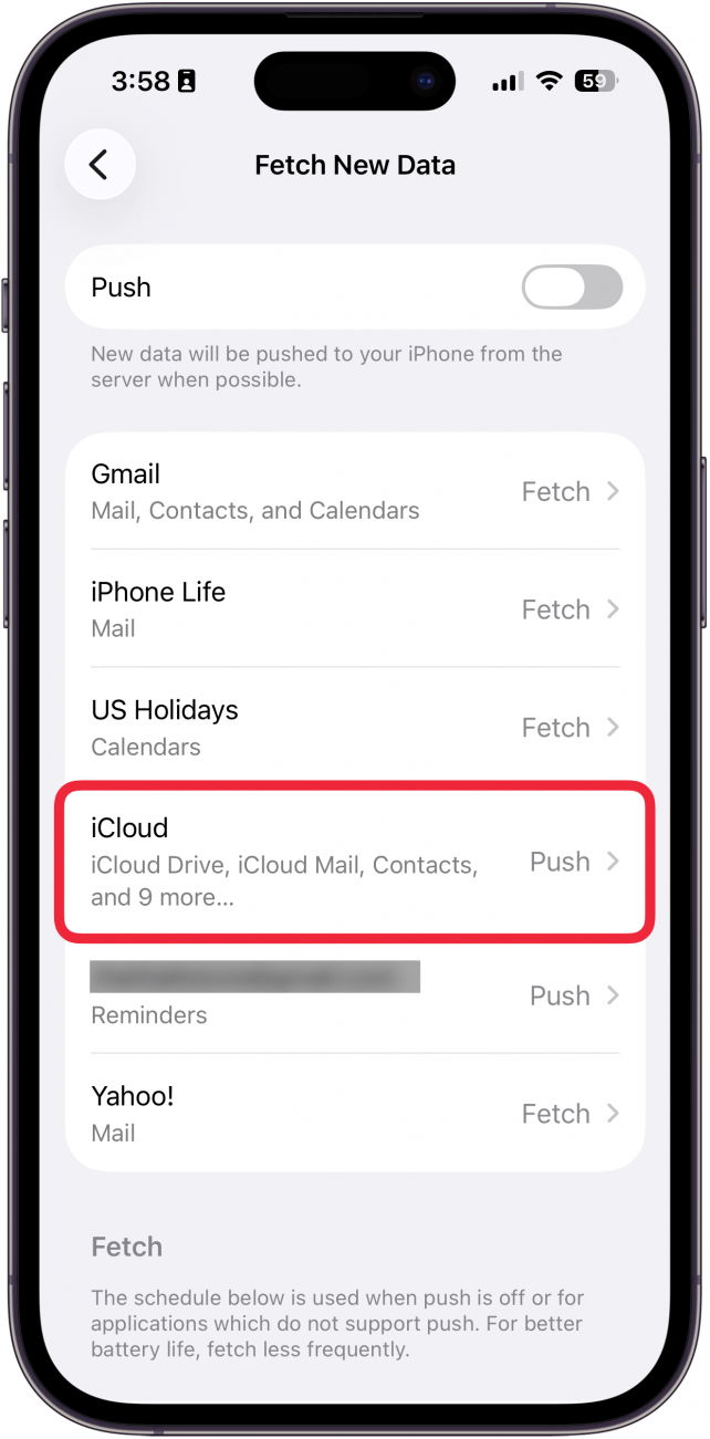 a screenshot of iphone mail fetch settings with accounts circled in red