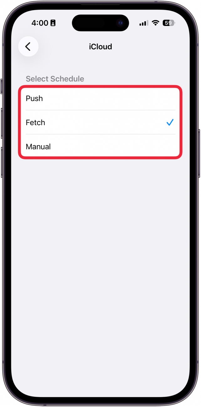 a screenshot of iphone fetch settings for a specific account with the following options circled in red: push, fetch, and manual