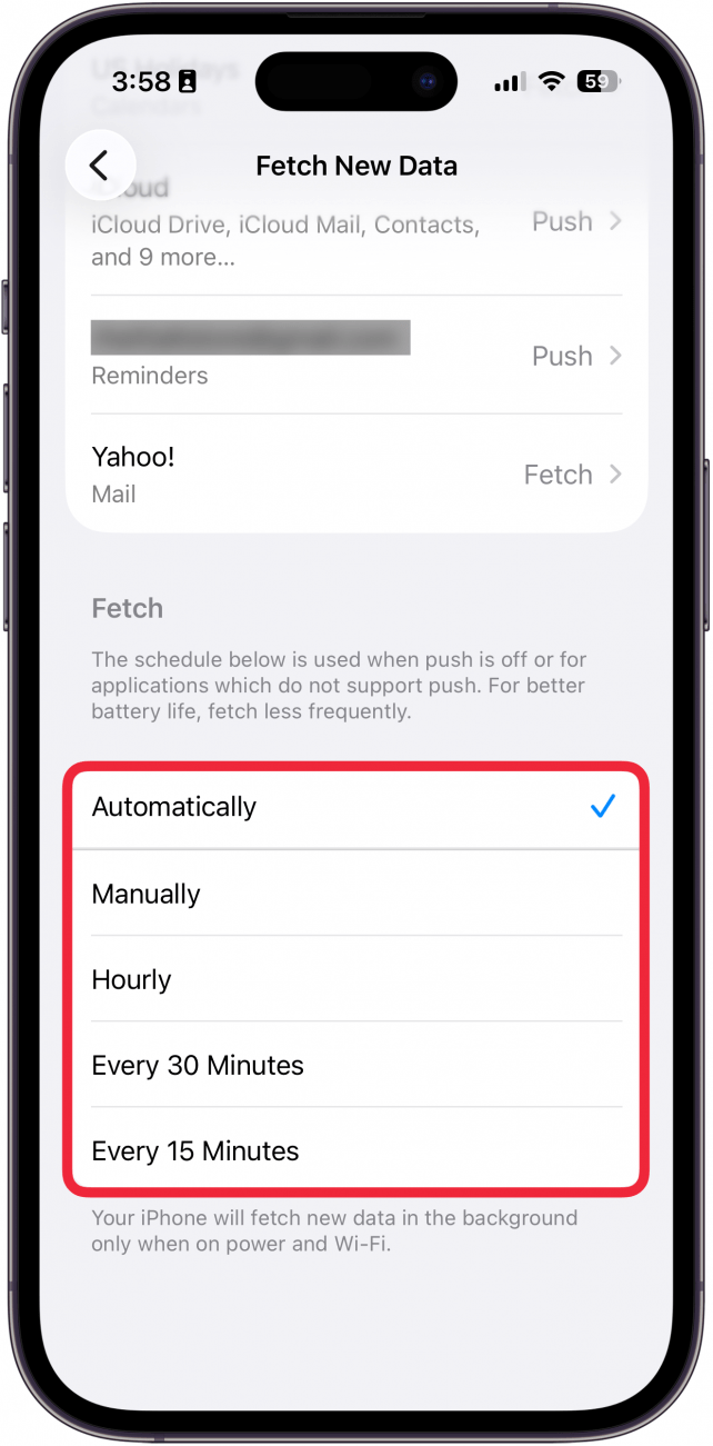 a screenshot of iphone mail fetch settings with fetch frequency options circled in red