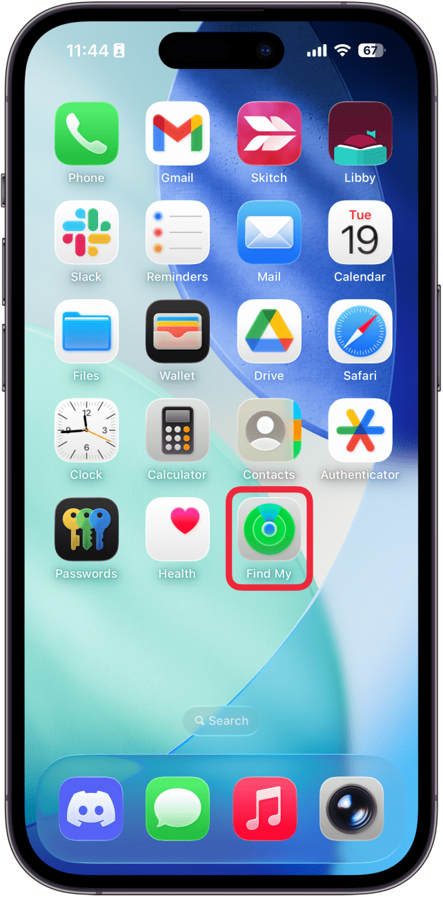 a screenshot of the iphone home screen with a red box around the find my app
