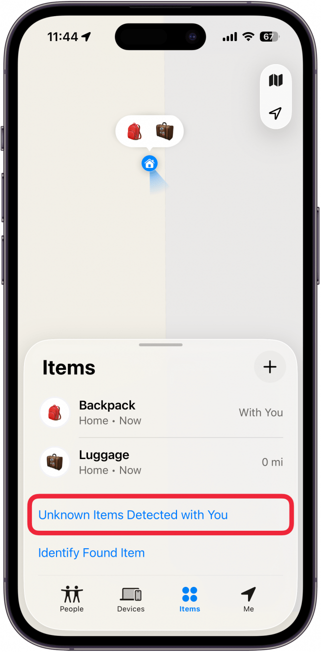 a screenshot of the find my app on iphone with a red box around unknown items detected with you