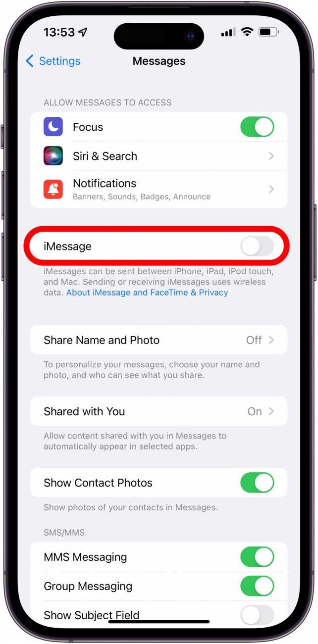 Toggle iMessage off and wait a few seconds.