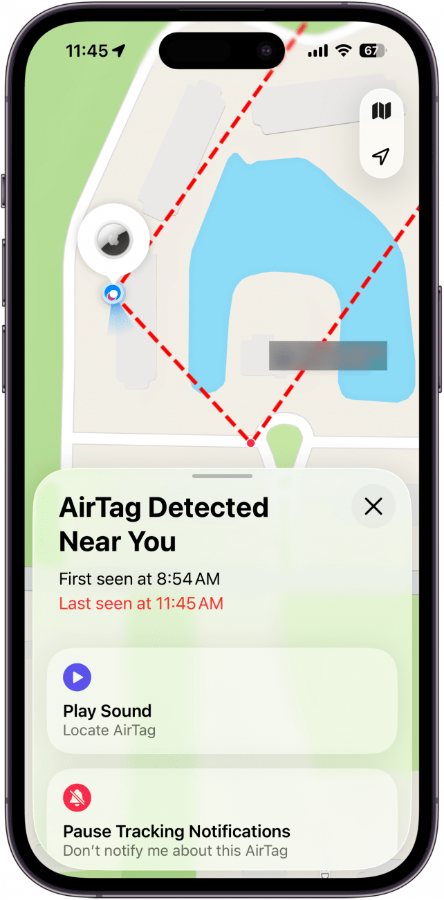 a screenshot of the find my app displaying a map of where the airtag was detected with extra options