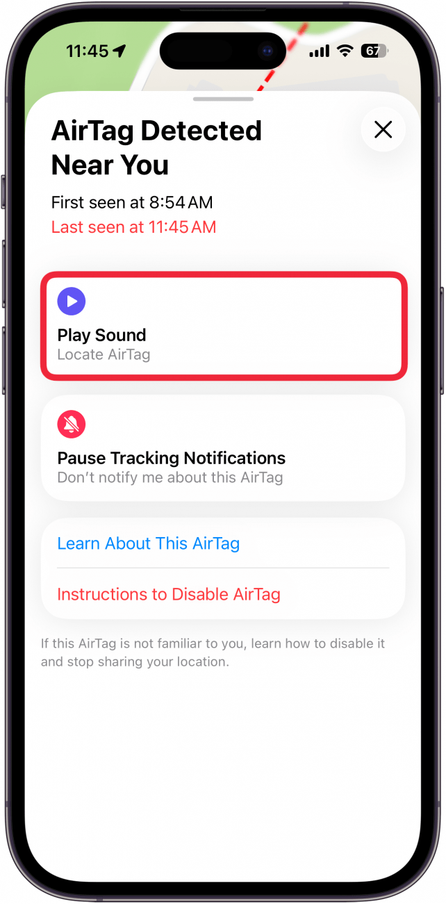 a screenshot of options for an unknown airtag in the find my app with a red box around play sound