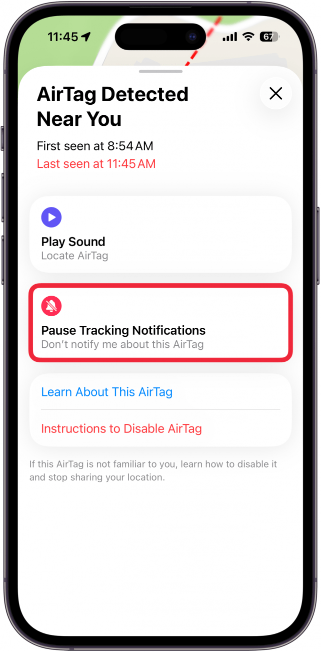 a screenshot of options for an unknown airtag in the find my app with a red box around pause tracking notifications