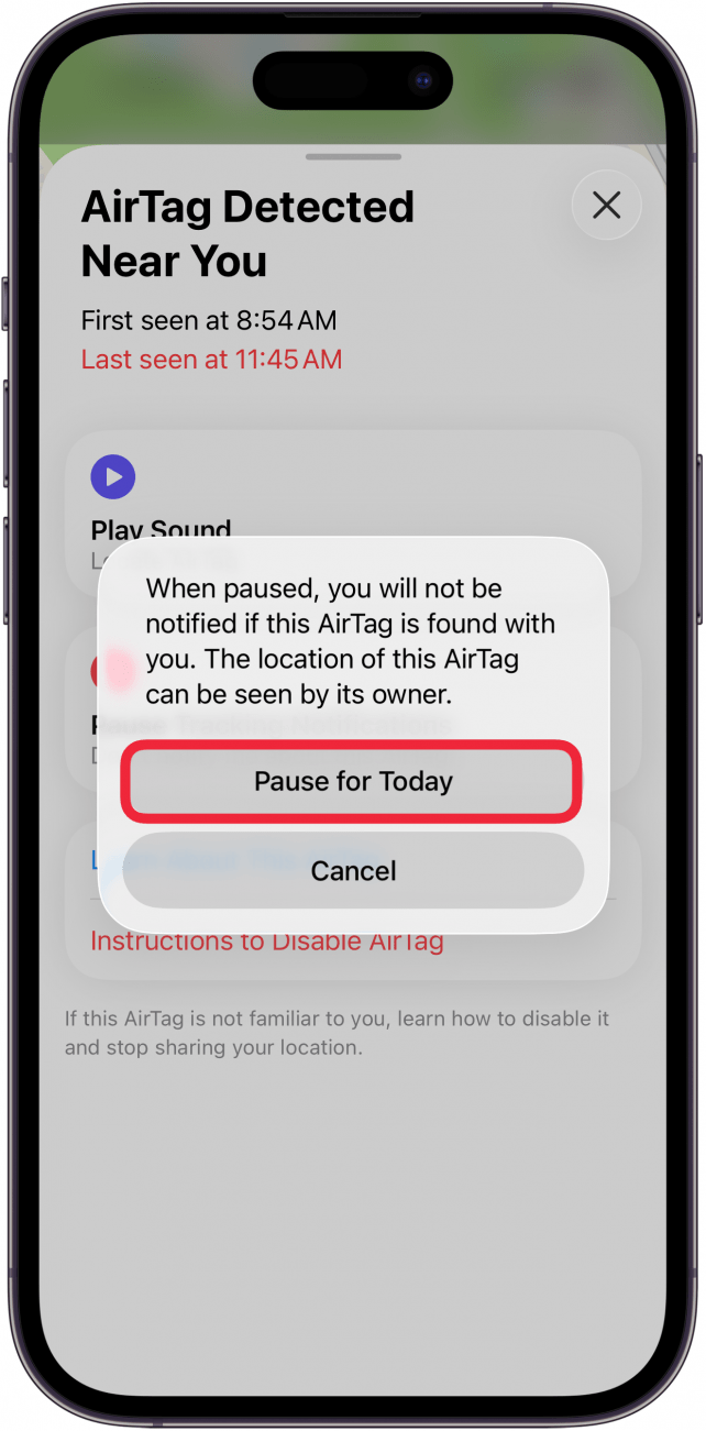 a screenshot of options for an unknown airtag in the find my app displaying a popup asking the user if they want to pause tracking notifications with a red box around pause for today