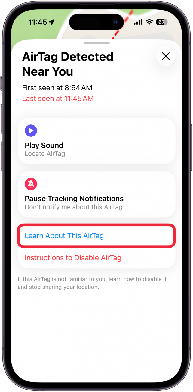 a screenshot of options for an unknown airtag in the find my app with a red box around learn about this airtag