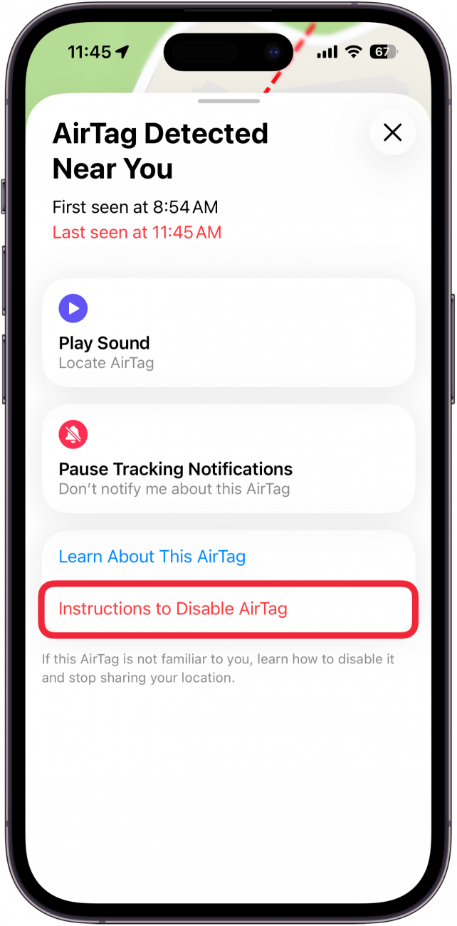 a screenshot of options for an unknown airtag in the find my app with a red box around instructions to disable airtag