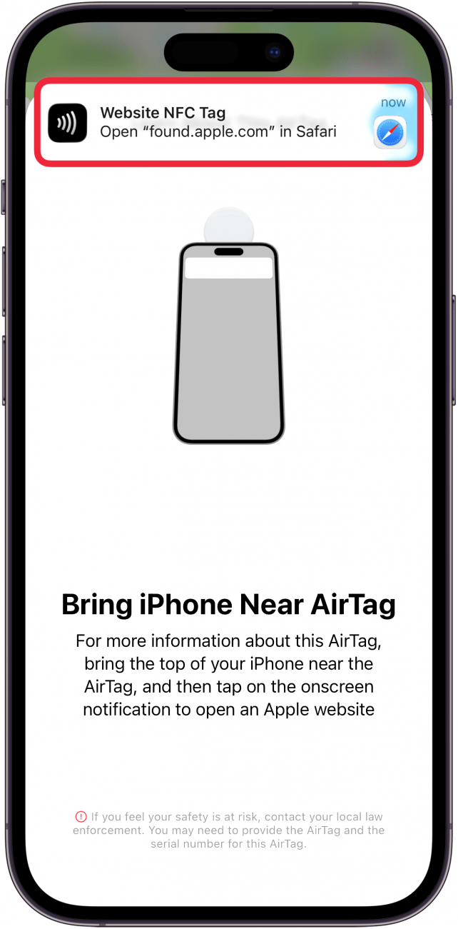 a screenshot of instructions on how to learn more about an airtag with a red box around a notification with more information about the airtag