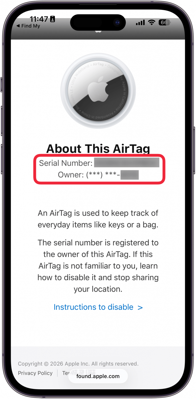 a screenshot of a webpage on iphone displaying information about an airtag with a red box around the serial number and phone number