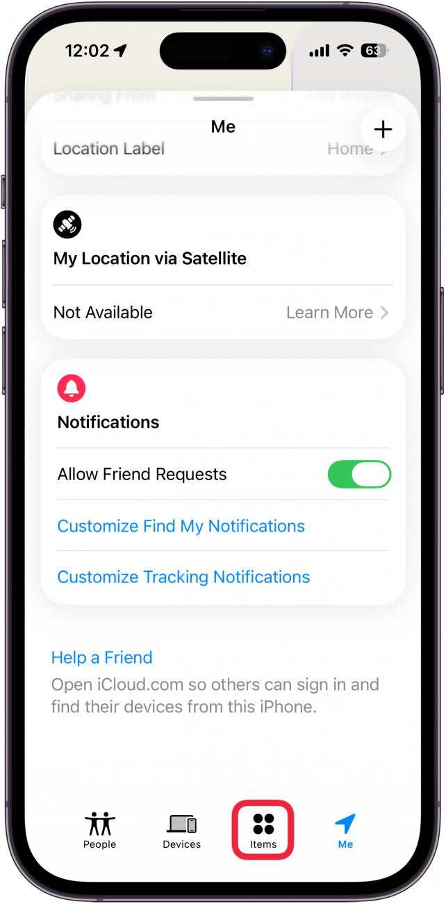 a screenshot of the find my app on iphone with a red box around the items tab