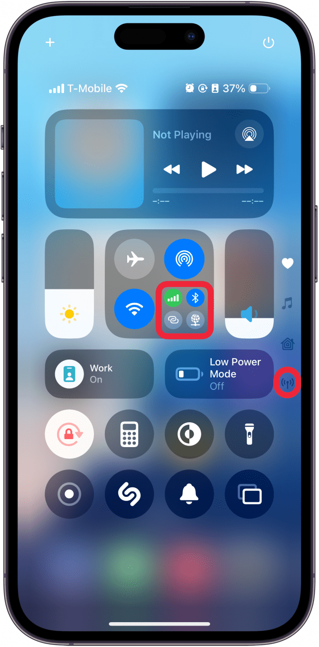 iphone control center with a red box around the bottom right of the connectivity widget and a red box around the connectivity button