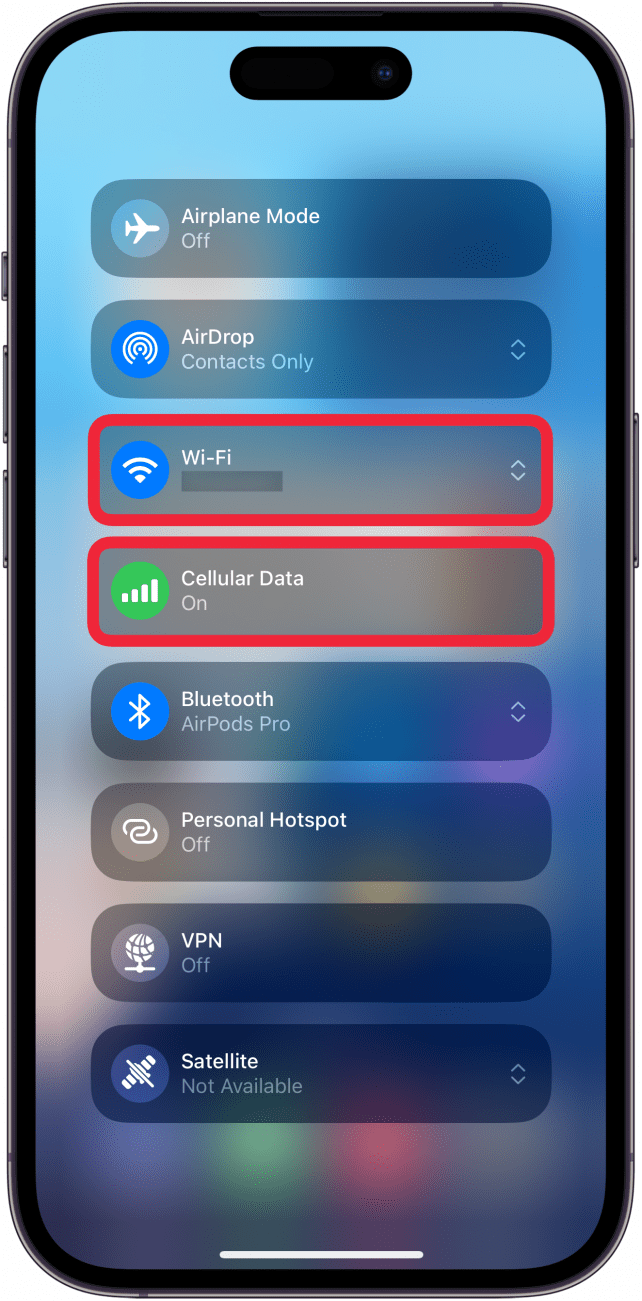 iphone control center connectivity screen with red boxes around the wifi button and the cellular button