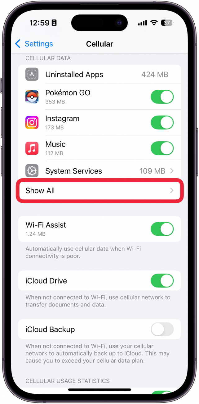 iphone cellular settings with a red box around show all button