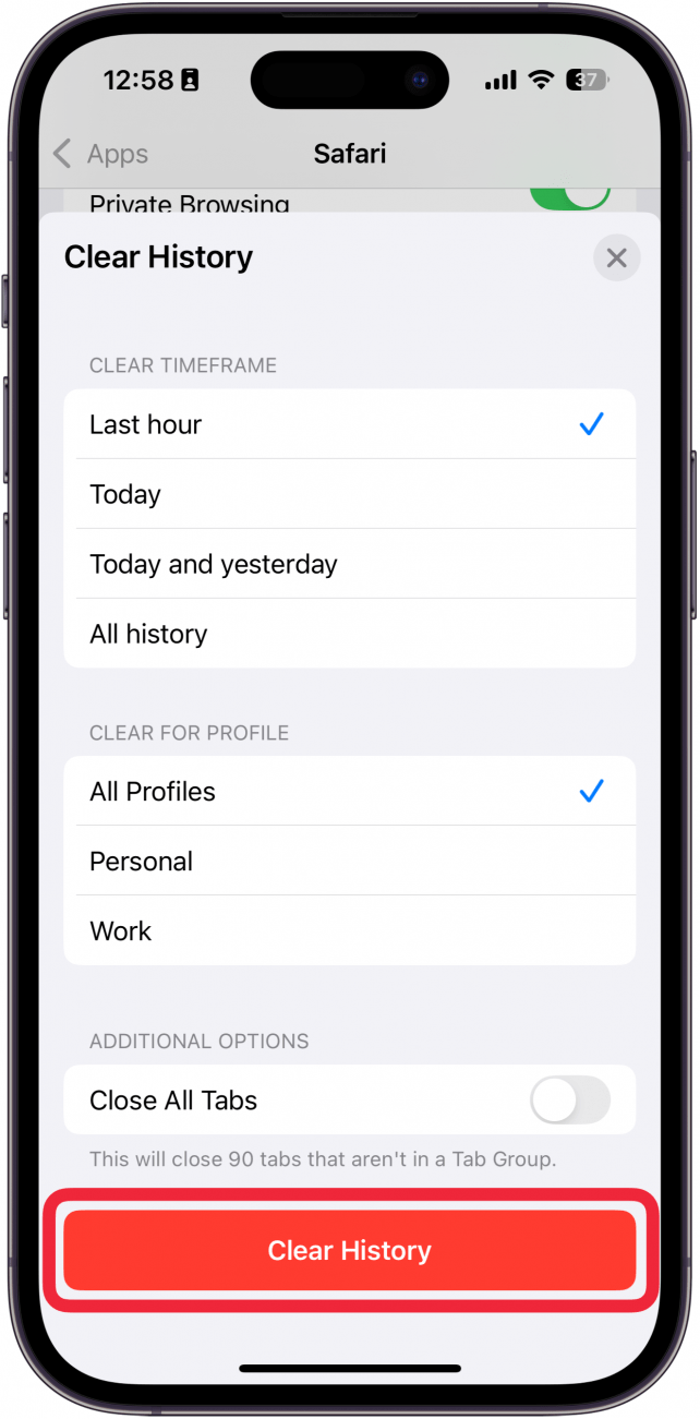 iphone safari clear history screen with a red box around clear history button