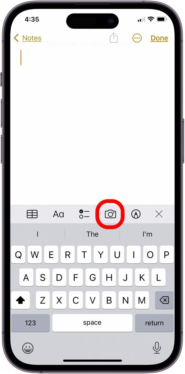 tap the camera icon to scan with iphone in the notes app