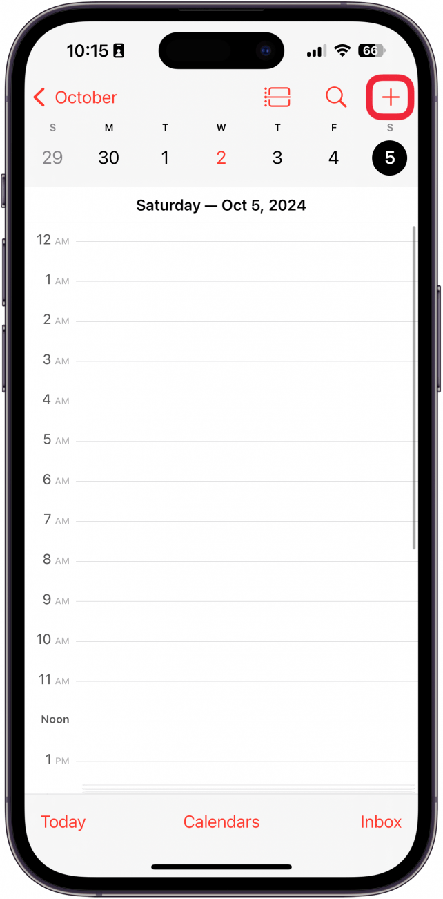 iphone calendar app with a red box around plus icon