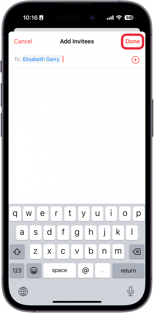 iphone calendar invite screen displaying a contact name, with a red box around the done button