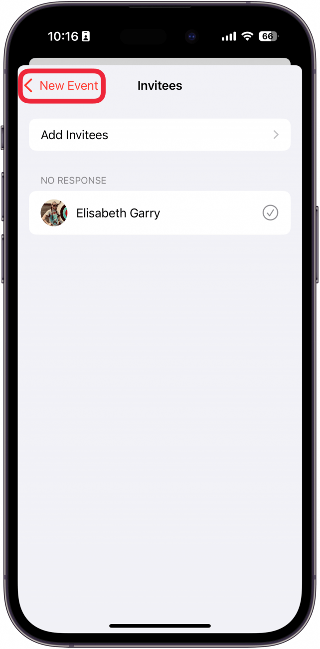 iphone calendar invite screen with a red box around the back button
