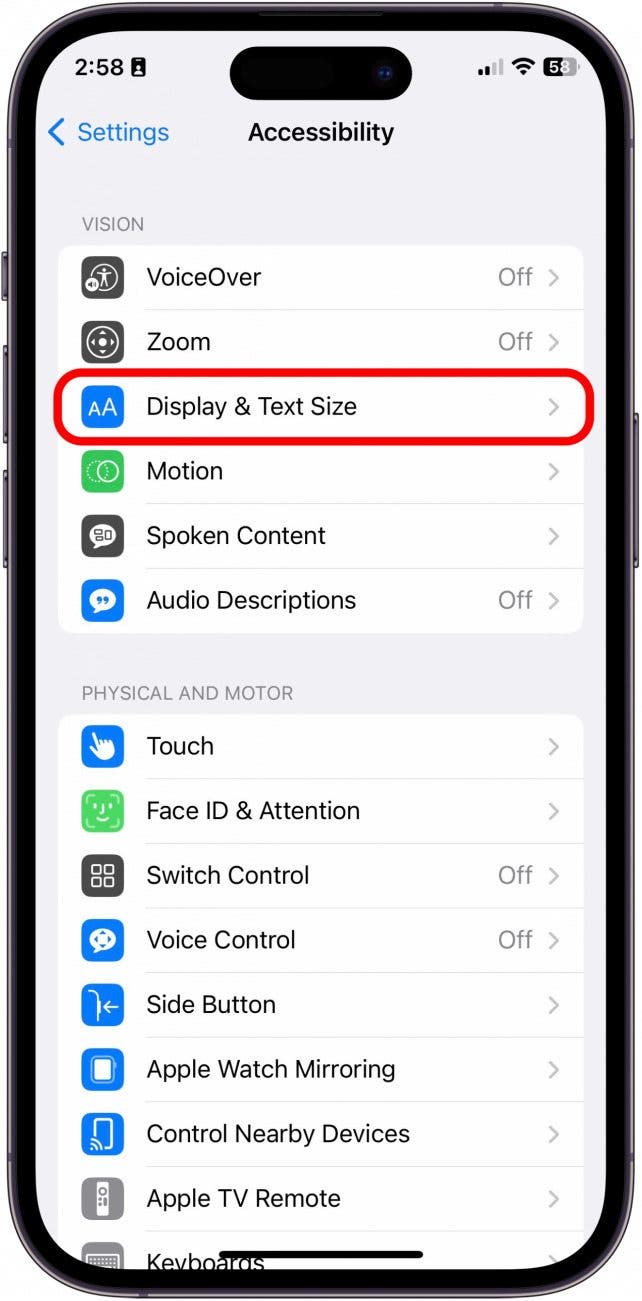Tap Display & Text Size.