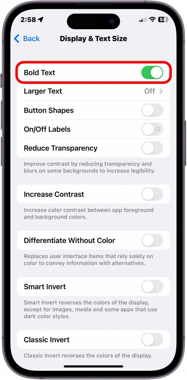 Toggle on Bold Text.