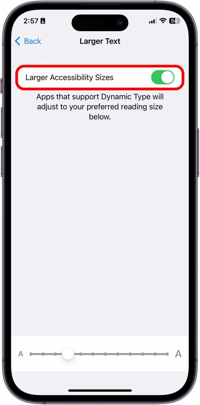 If it's not already turned on, tap on the toggle next to Larger Accessibility Sizes. It will be green when enabled.