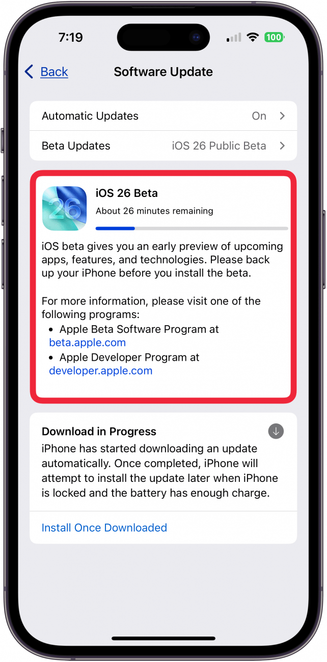 ios 26 beta uploading
