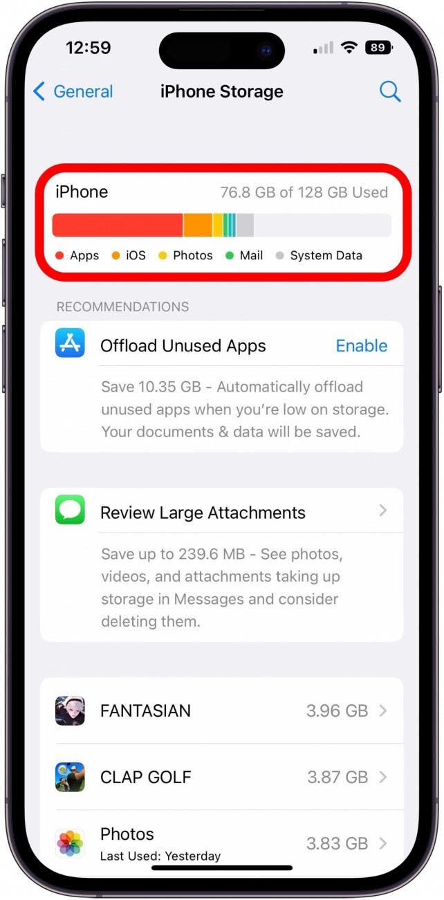 iPhone Storage Settings screen with iPhone storage information box marked.