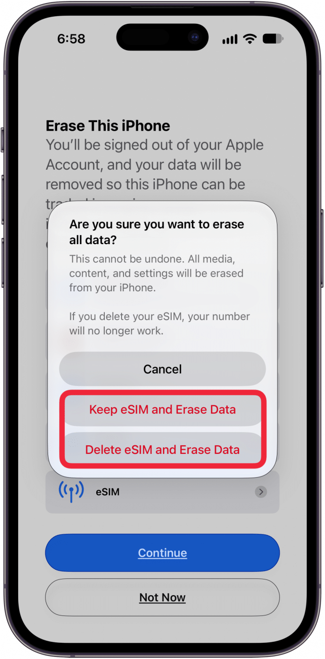 keep or delete esim and erase data
