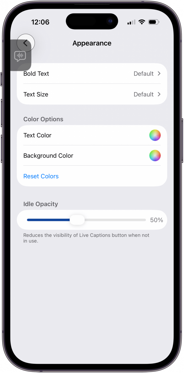 live captions appearance options
