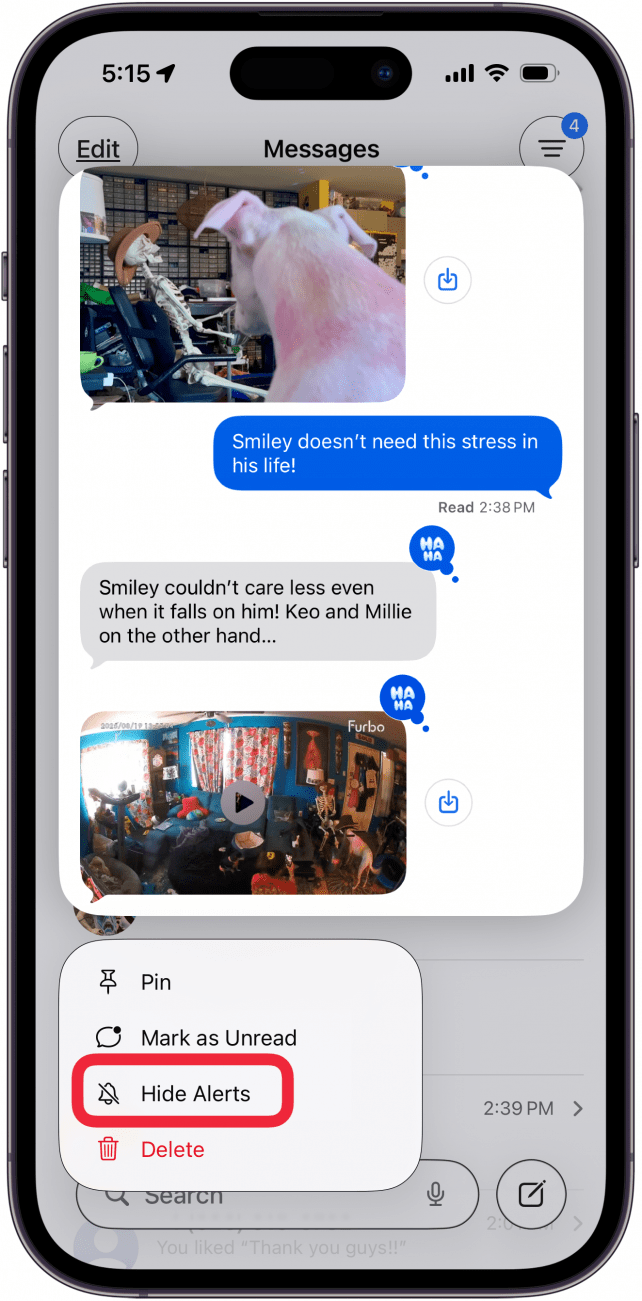 long press message thread and tap hide alerts