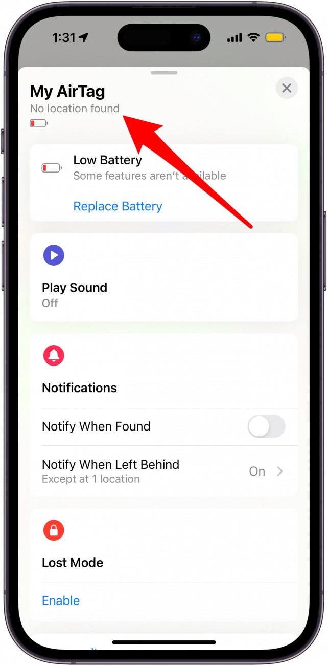 Low battery indicator for AirTag
