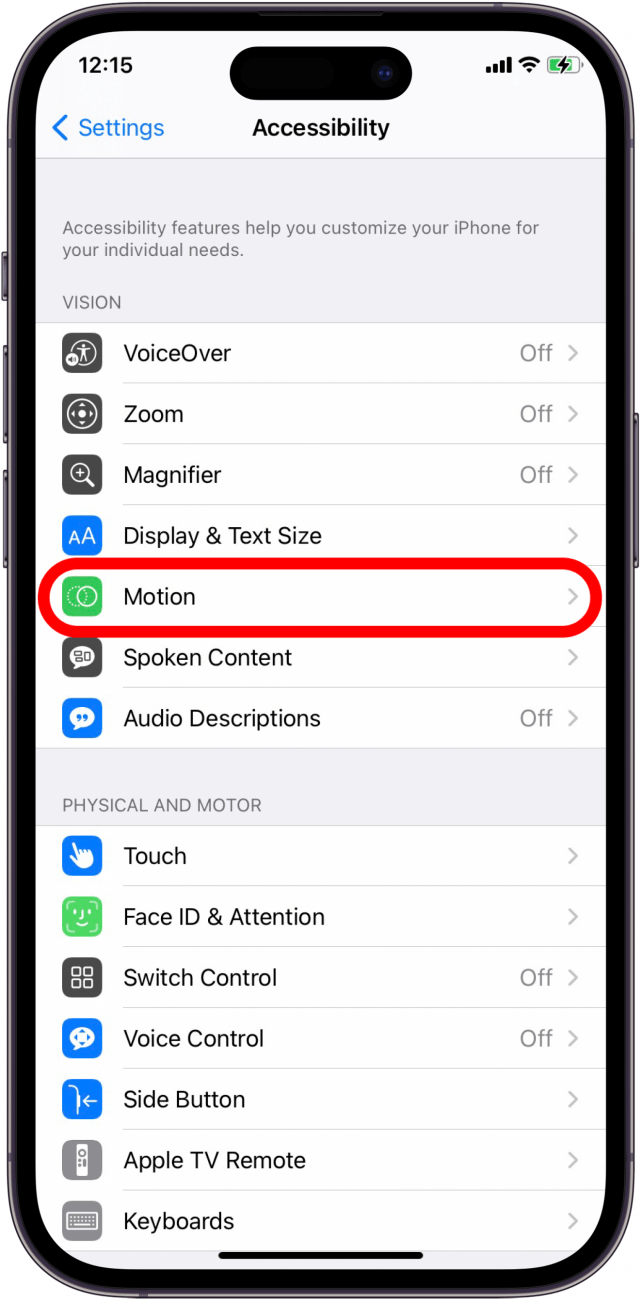 tap motion in iphone accessibility settings Motion