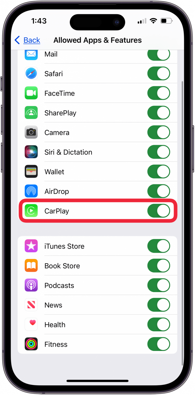 make sure carplay is turned on in screen time settings ip phone charging but carplay not working.PNG