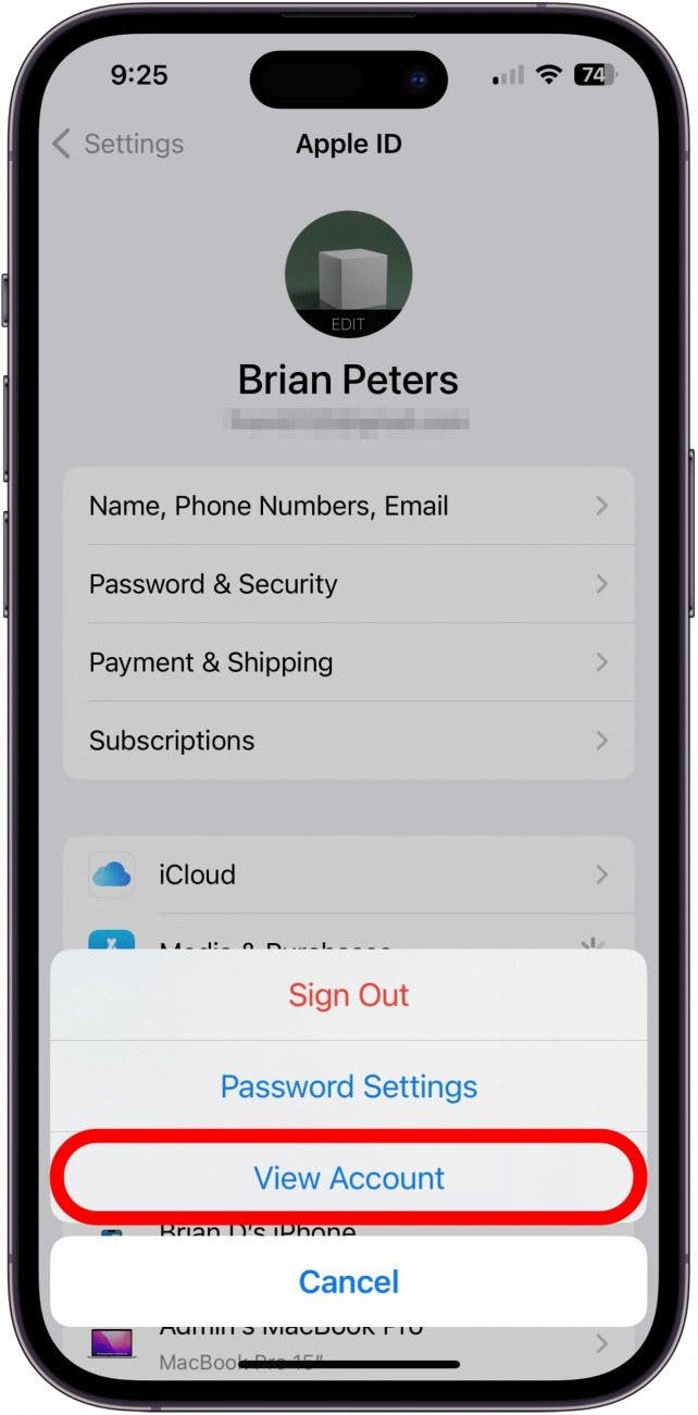 Media & Purchases menu with View Account option marked.
