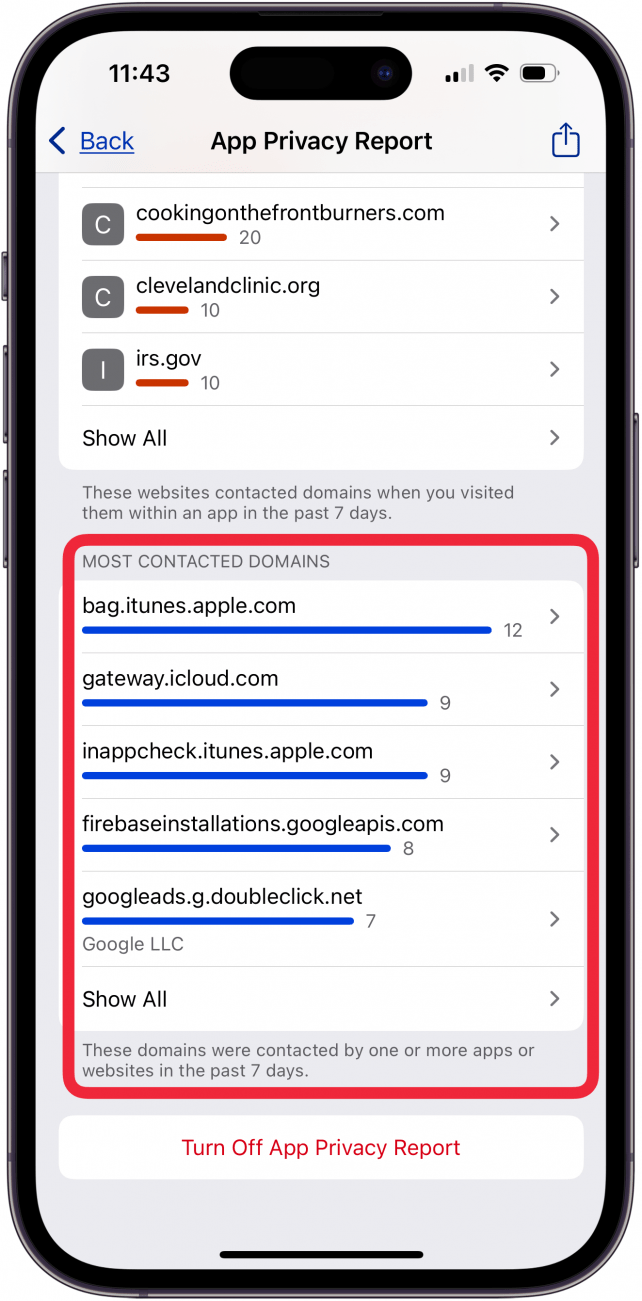 most contacted domains iphone privacy report