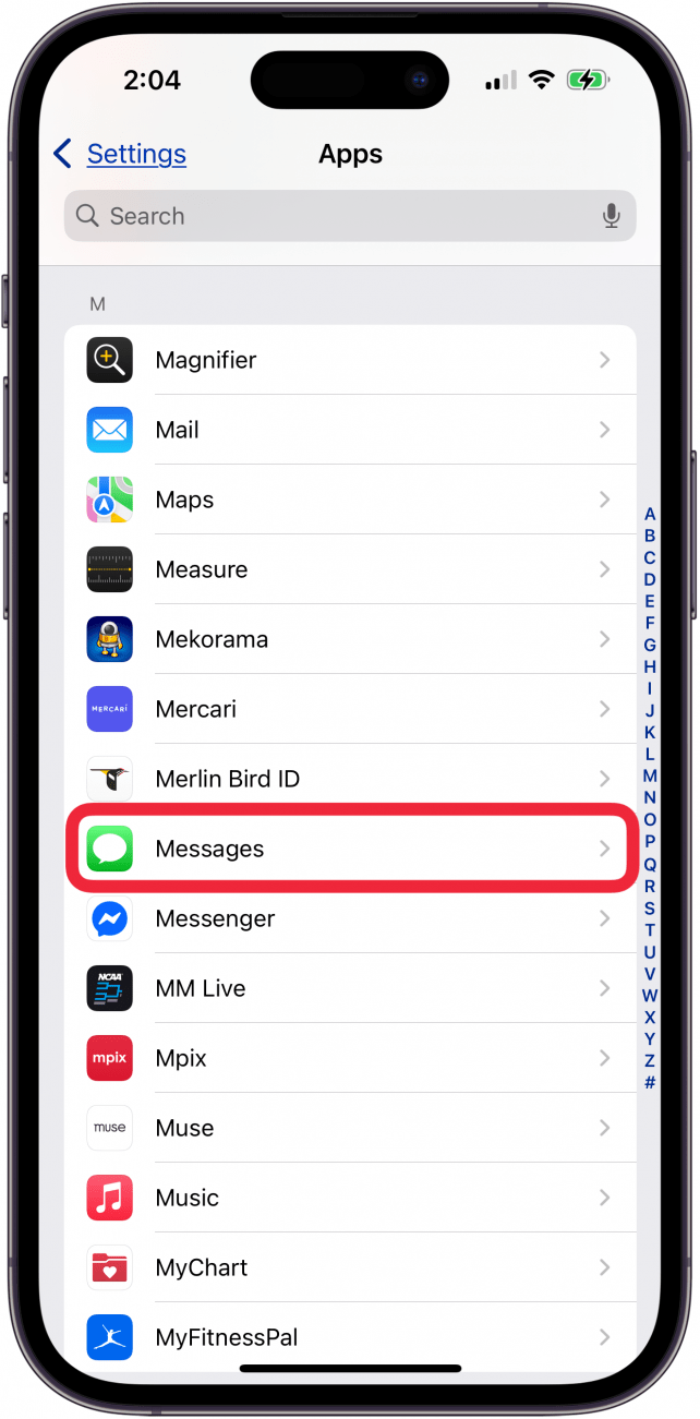 open messages in app settings