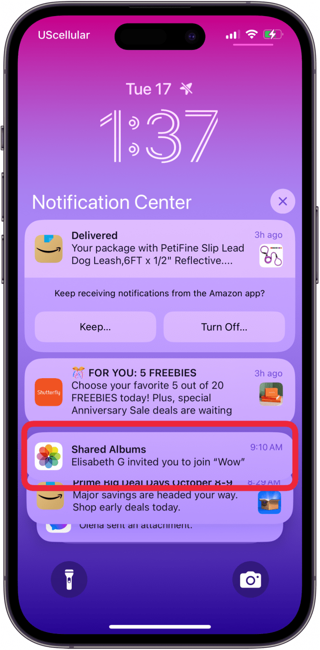 open notification center and tap shared album invite
