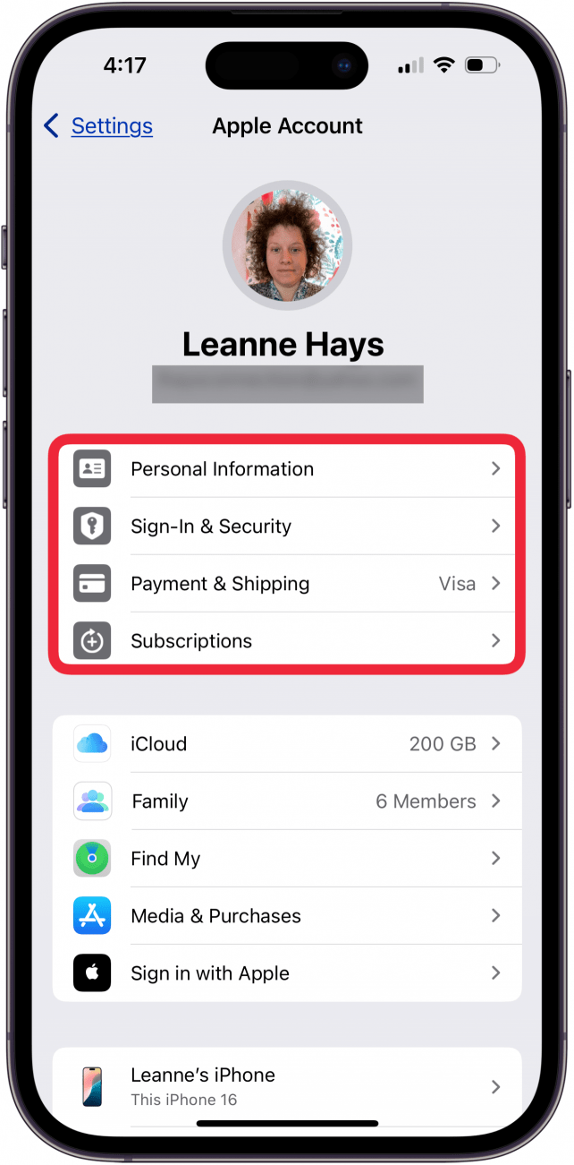 personal icloud information in iphone settings