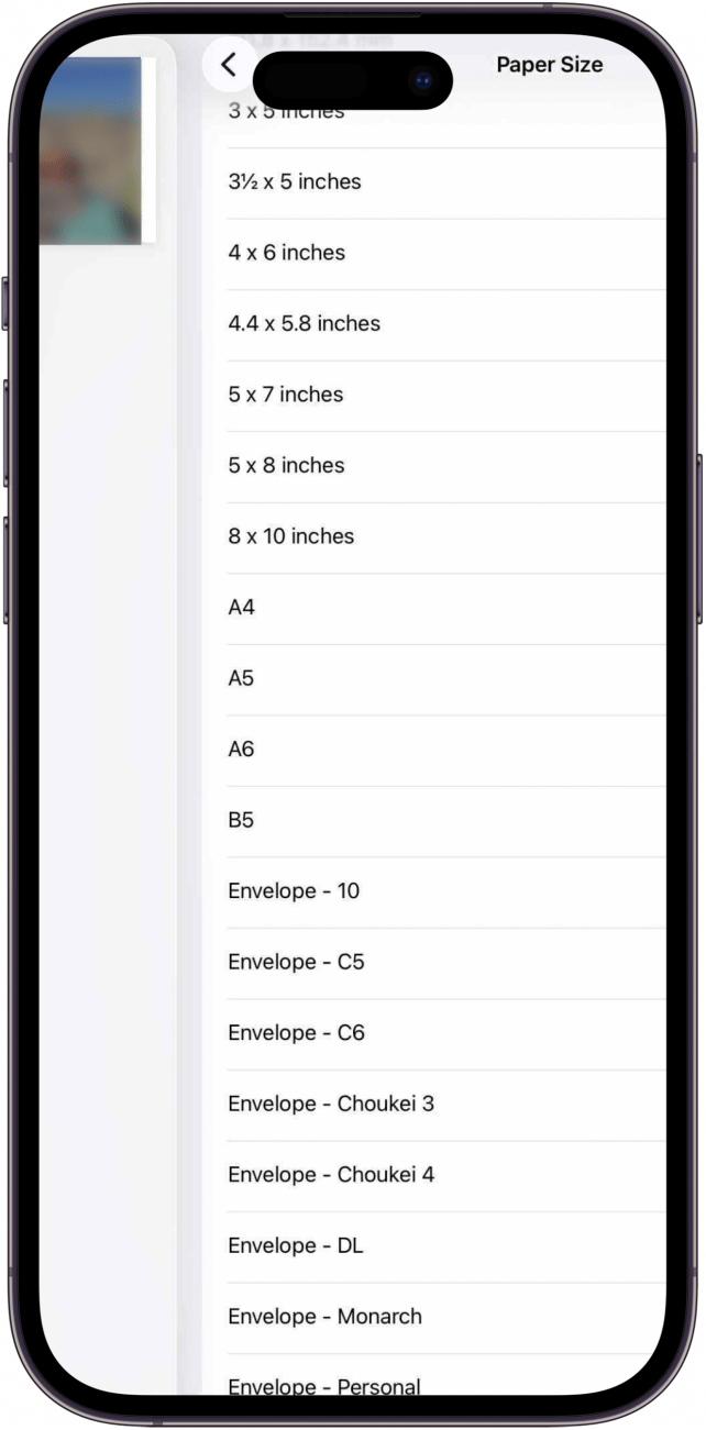 photo print size iphone options