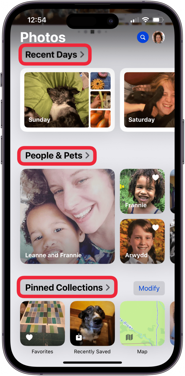 recent days people and pets pinned collections in apple photos app
