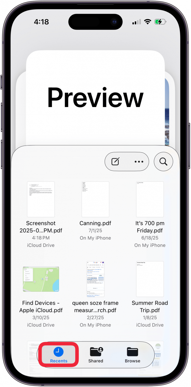 recents tab in preview app