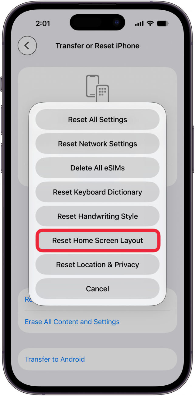 reset home screen layout