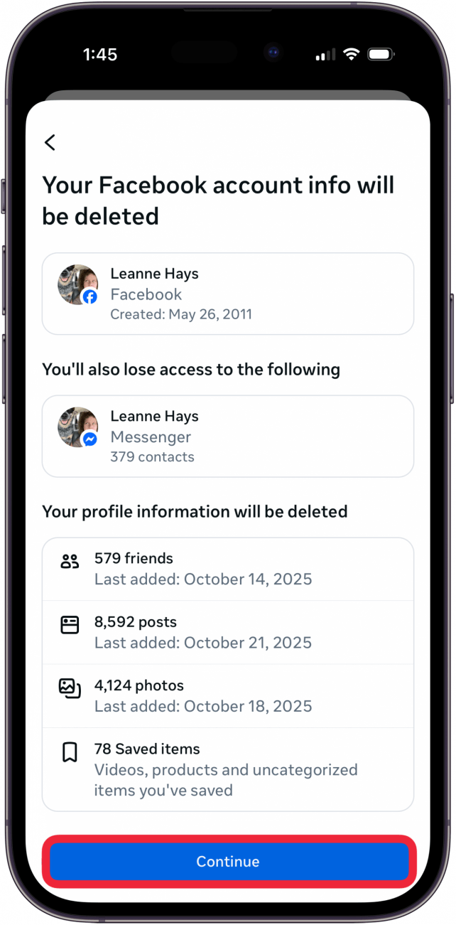 review fb info and tap continue review fb info and tap continue