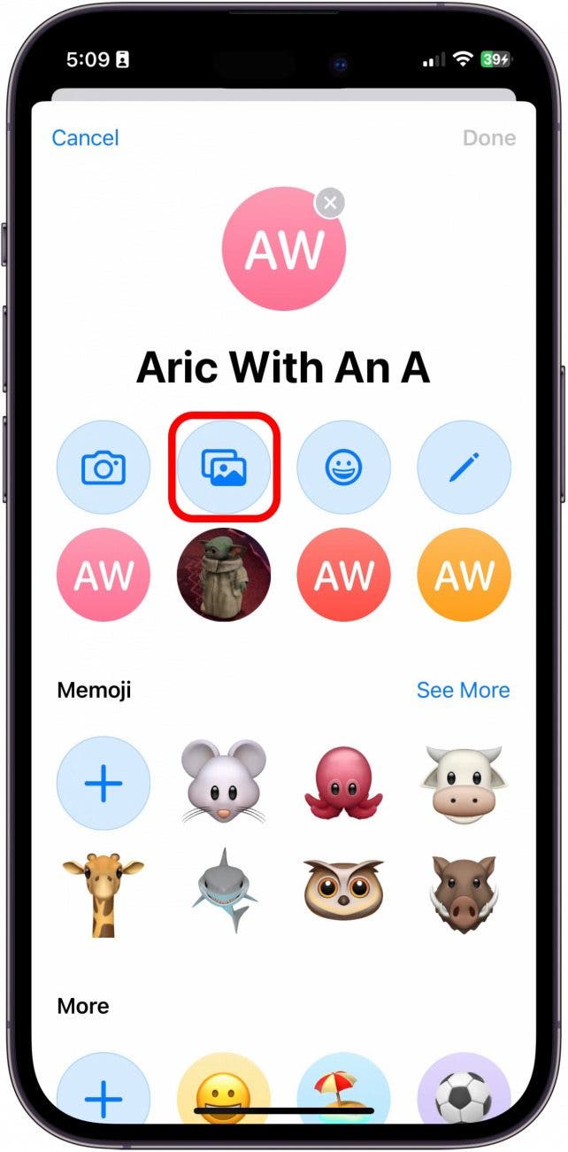 Select the Image icon to use a picture that's saved in your Photos app.