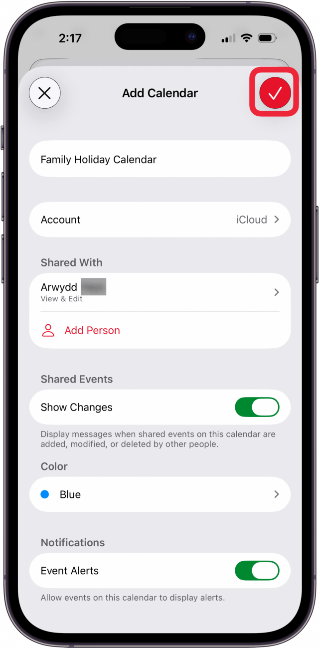 save family calendar on iphone