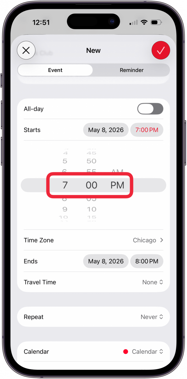 scroll to choose the event time