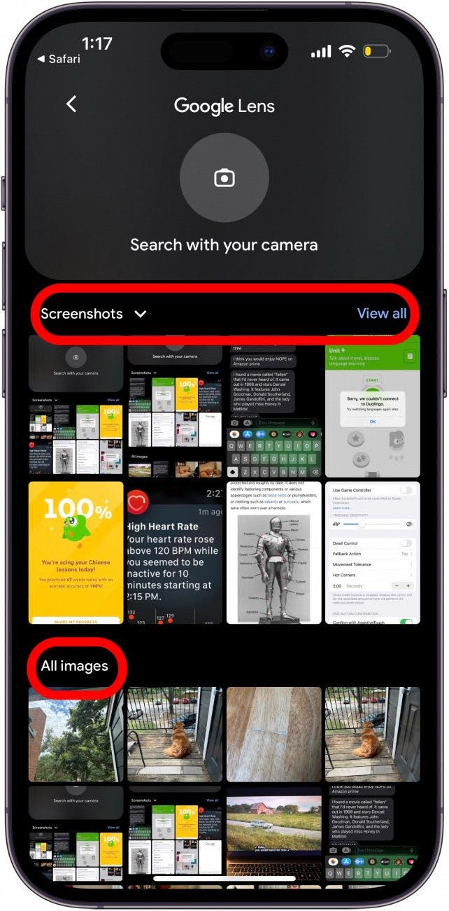 Google Lens reverse image search using a screenshot or image from your camera roll