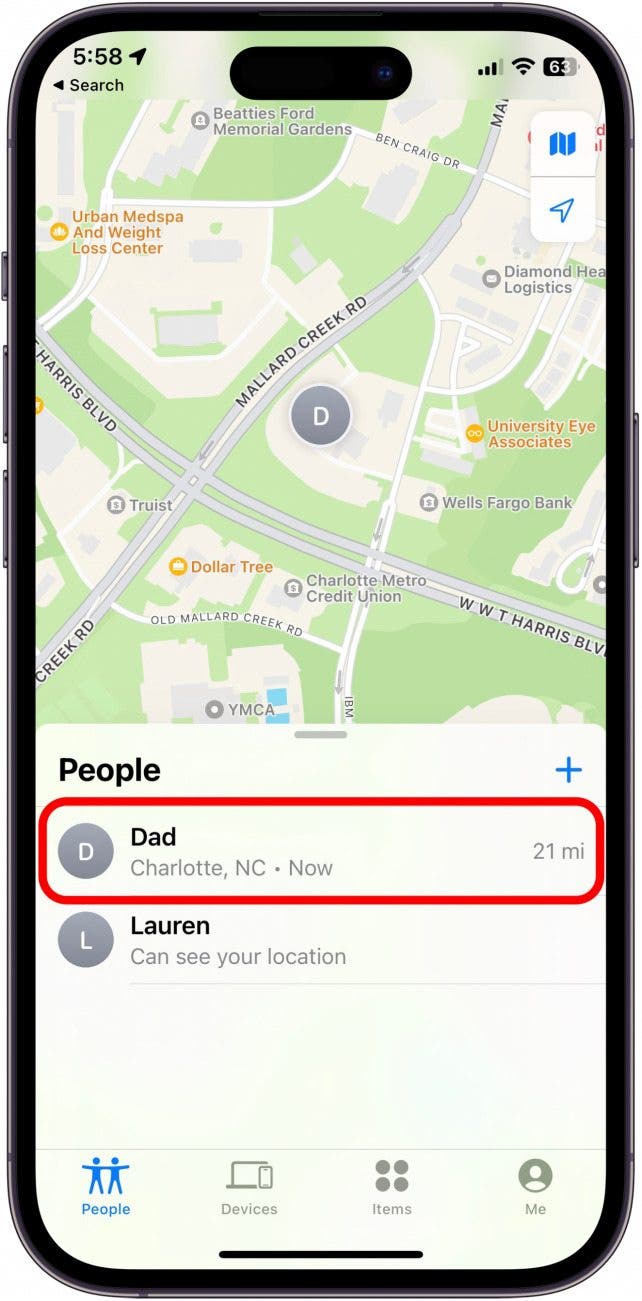 Tap the person’s name that you’d like to check their location. The map will snap to their location and you will be able to track them as they move.