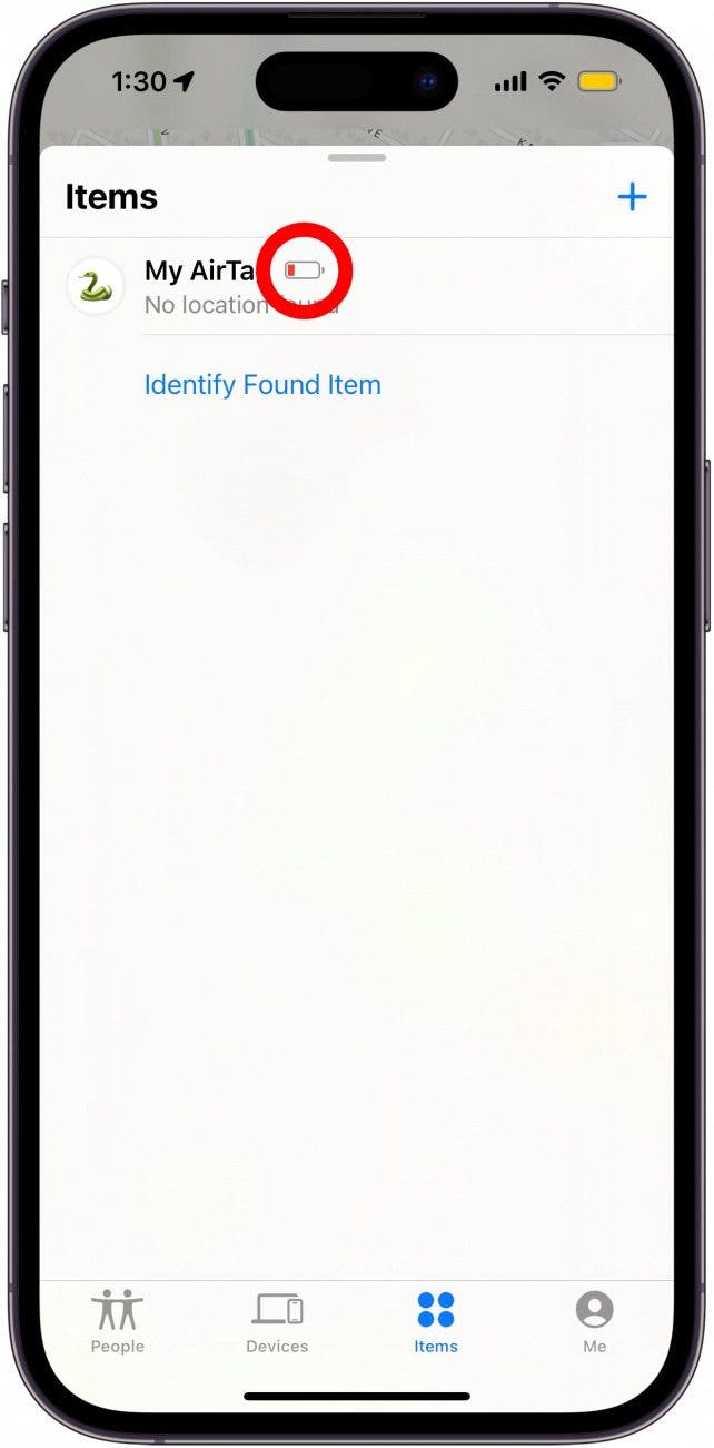 Select AirTag from Items tab